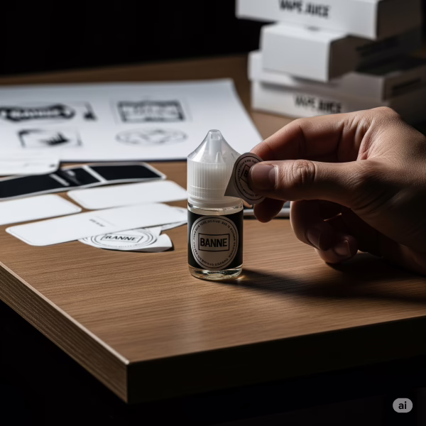 Ilustrasi proses pelabelan botol liquid vape, menggambarkan kemudahan memulai bisnis vape lewat jasa maklon yang menyediakan produk siap jual lengkap dengan desain label.